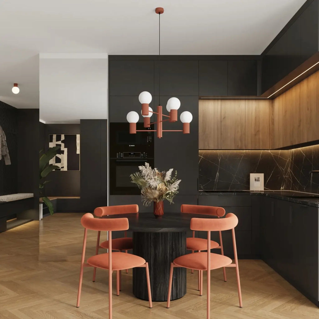 Suspension 6 globes en verre opalin, cols cannelés, 10 coloris