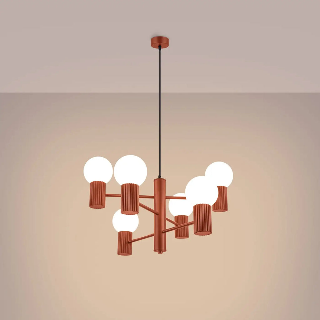 Suspension 6 globes en verre opalin, cols cannelés, 10 coloris