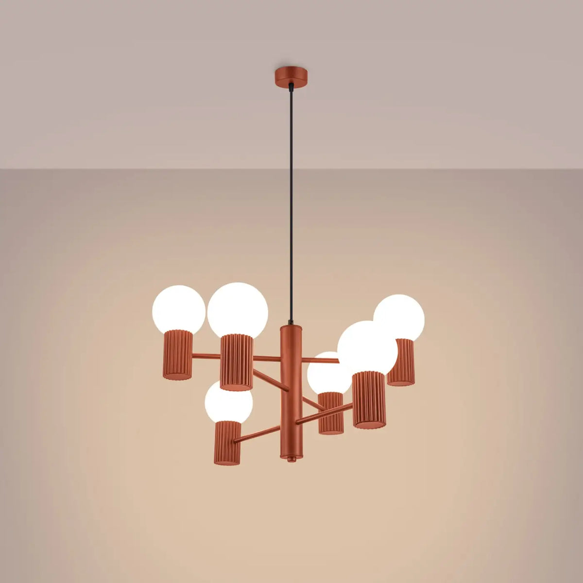 Suspension 6 globes en verre opalin, cols cannelés, 10 coloris