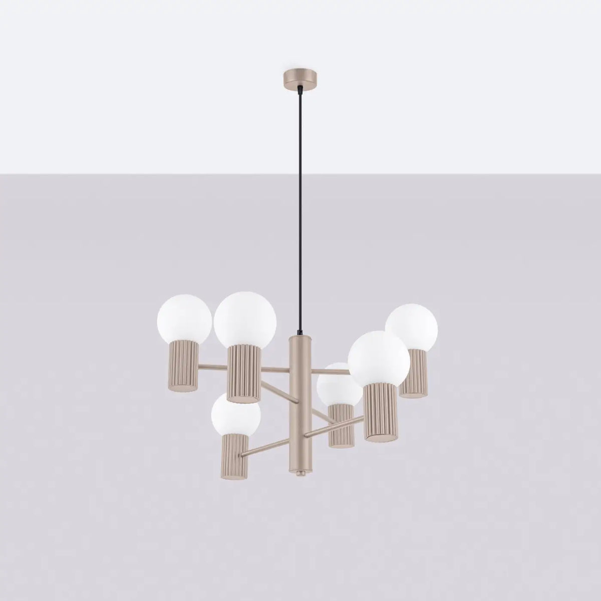 Suspension 6 globes en verre opalin, cols cannelés, 10 coloris, taupe