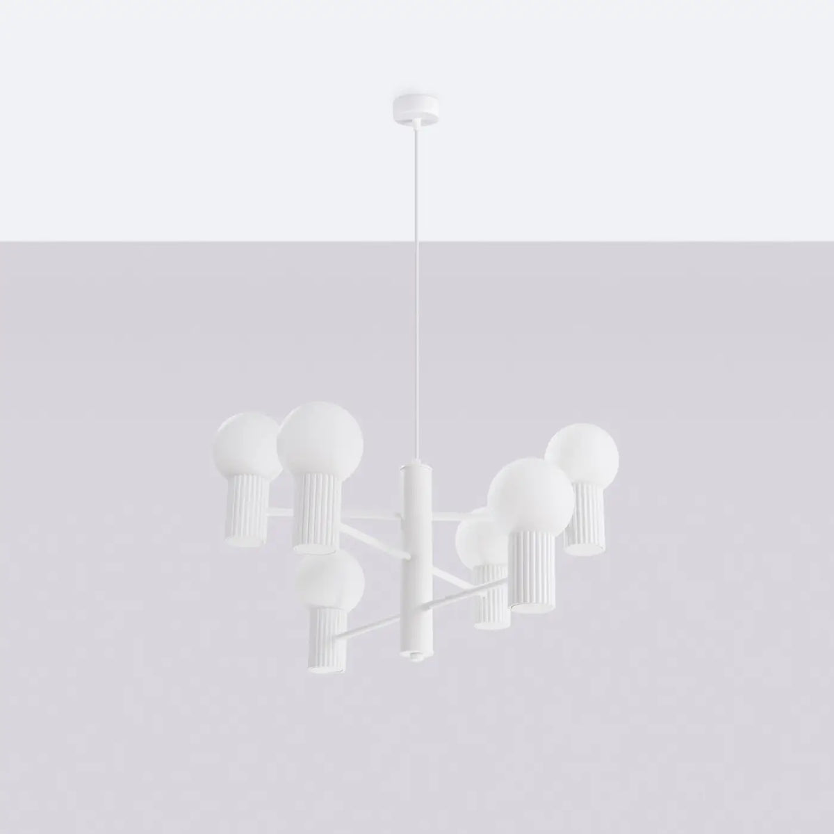 Suspension 6 globes en verre opalin, cols cannelés, 10 coloris, blanc