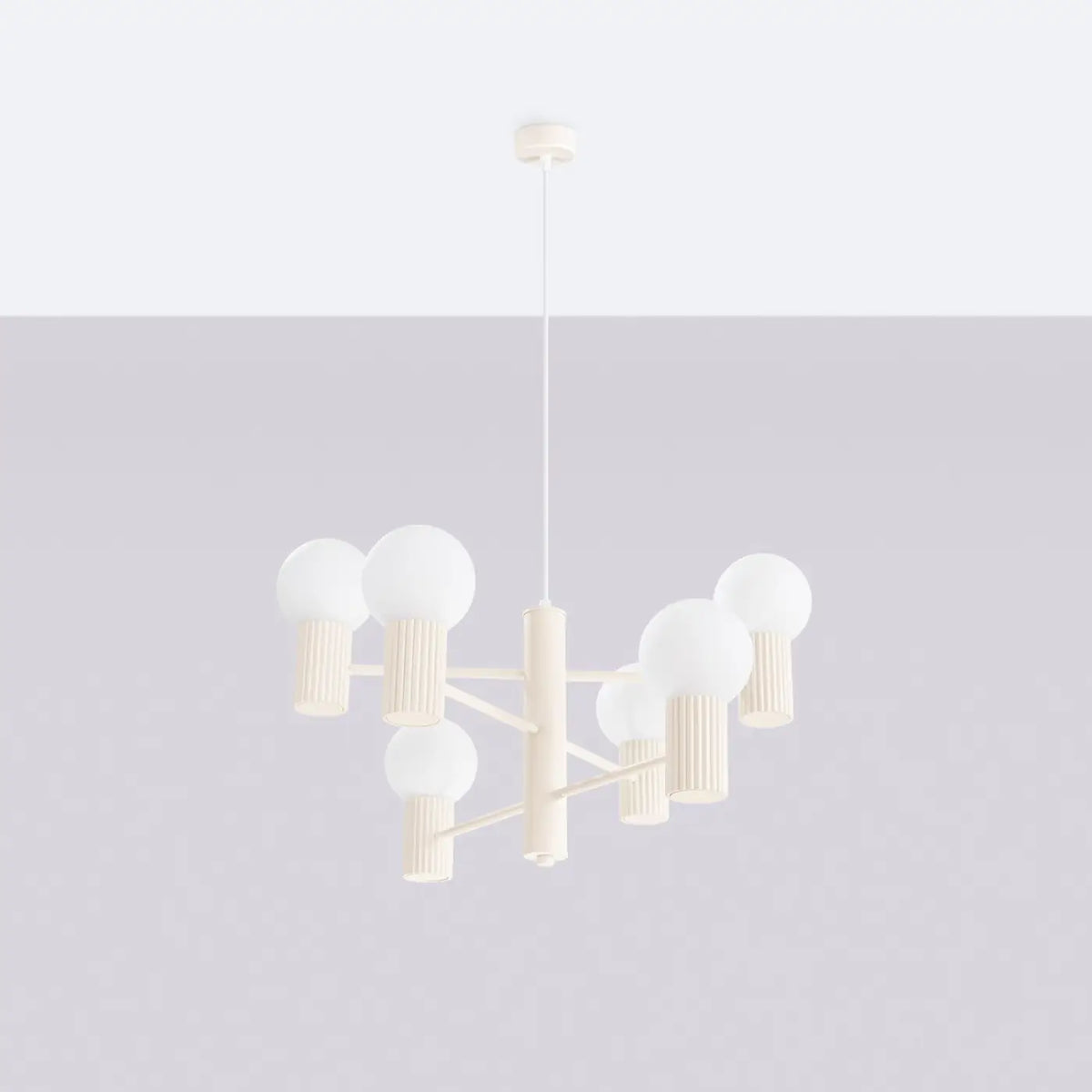 Suspension 6 globes en verre opalin, cols cannelés, 10 coloris, beige