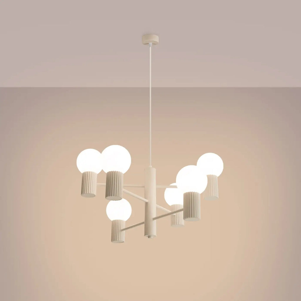 Suspension 6 globes en verre opalin, cols cannelés, 10 coloris