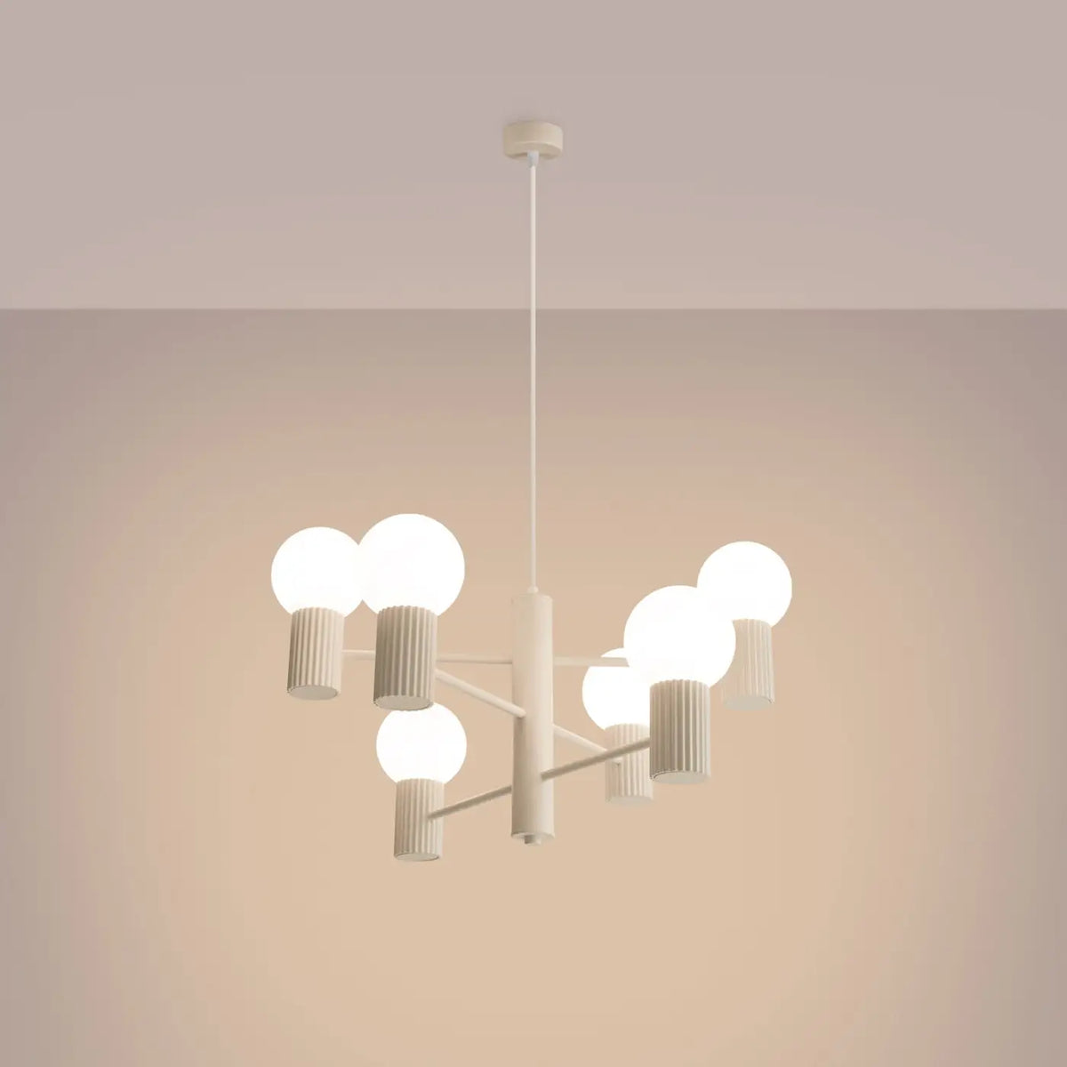 Suspension 6 globes en verre opalin, cols cannelés, 10 coloris