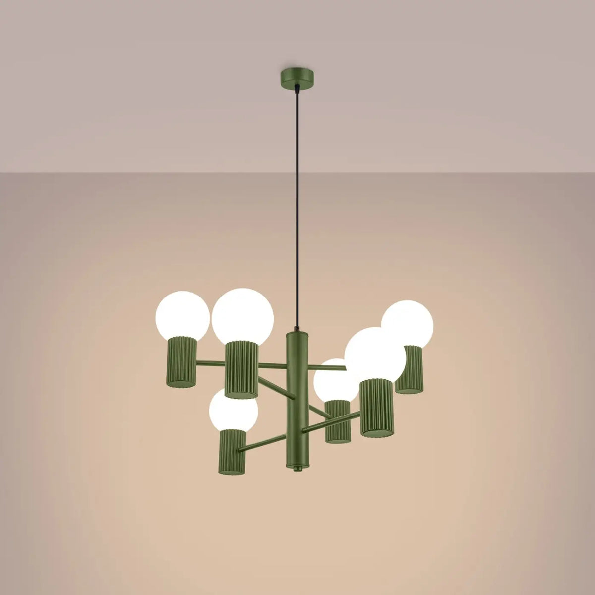 Suspension 6 globes en verre opalin, cols cannelés, 10 coloris