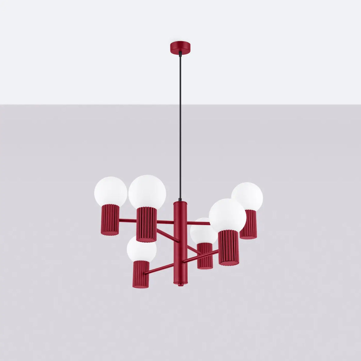 Suspension 6 globes en verre opalin, cols cannelés, 10 coloris, bordeaux