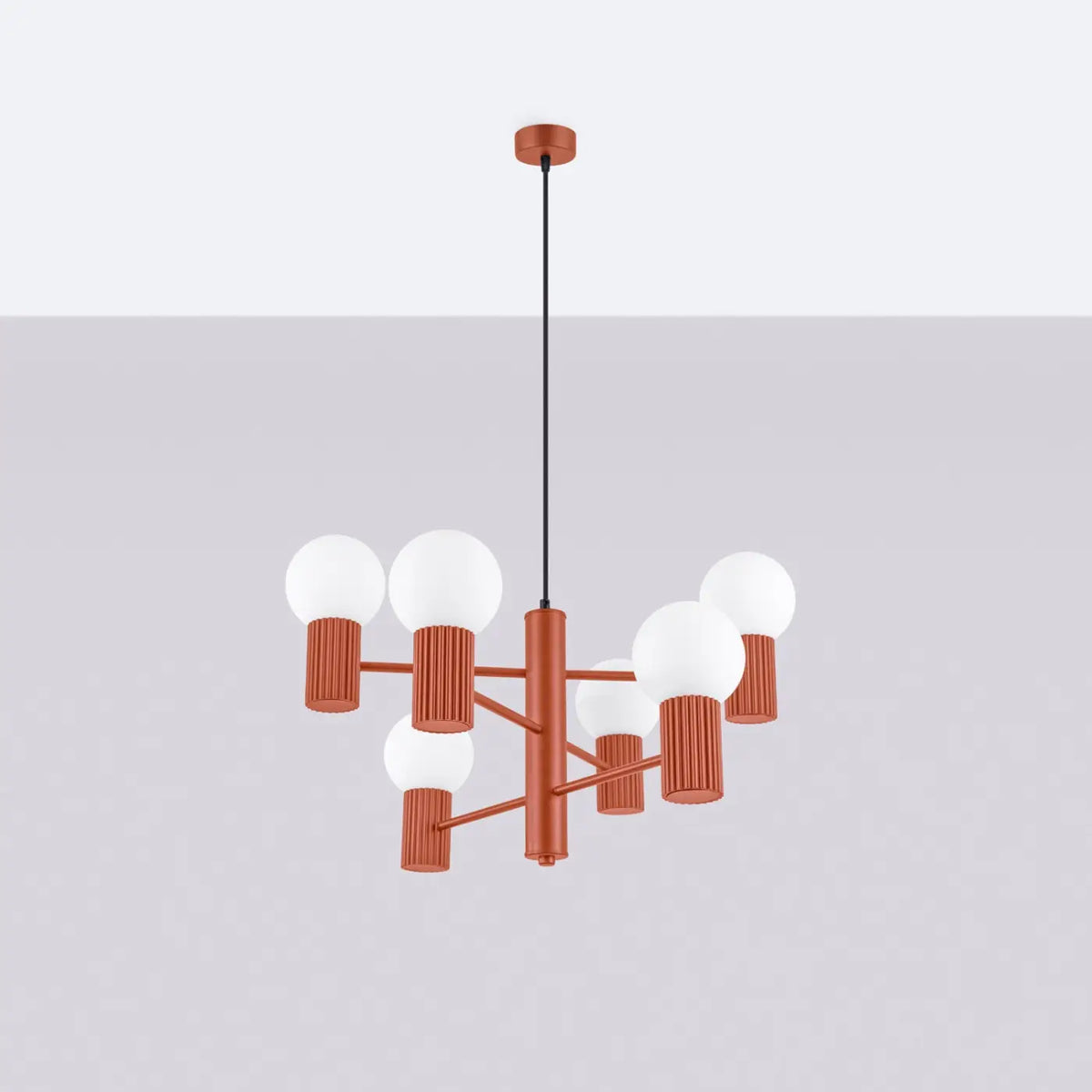 Suspension 6 globes en verre opalin, cols cannelés, 10 coloris, rouge ocre