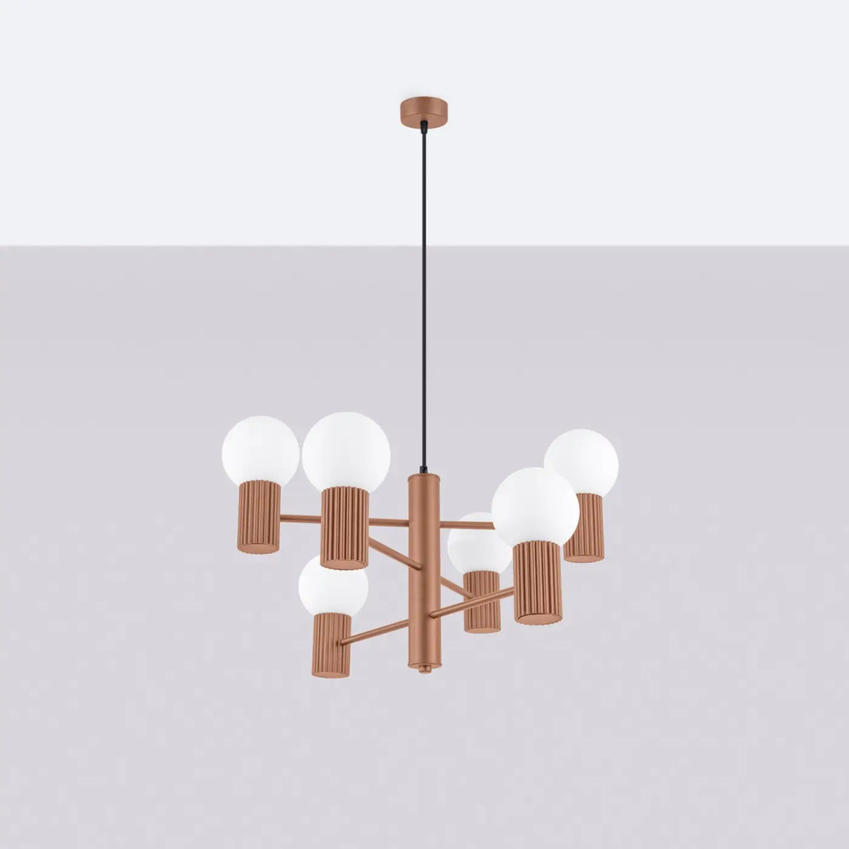 Suspension 6 globes en verre opalin, cols cannelés, 10 coloris, moka