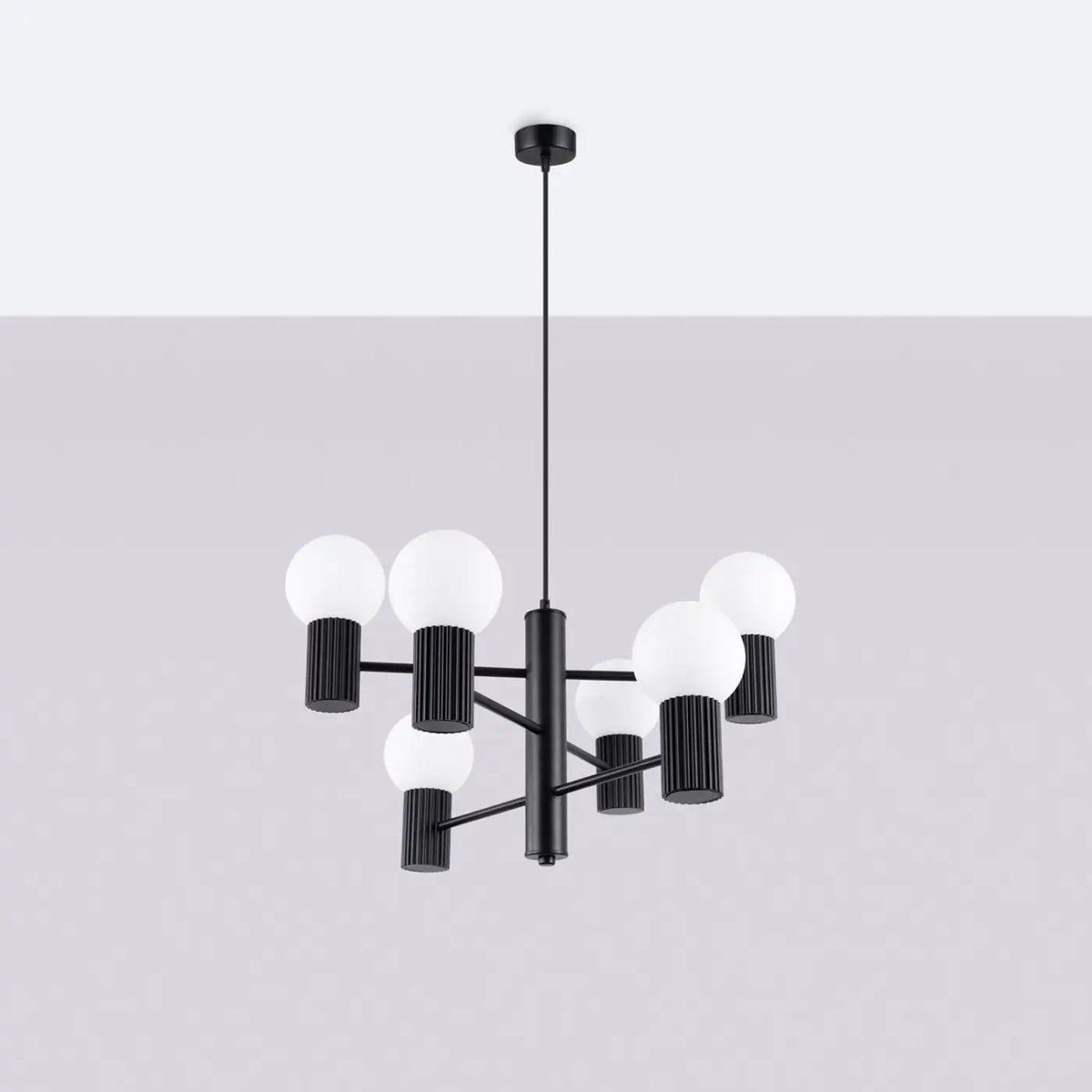 Suspension 6 globes en verre opalin, cols cannelés, 10 coloris, noir