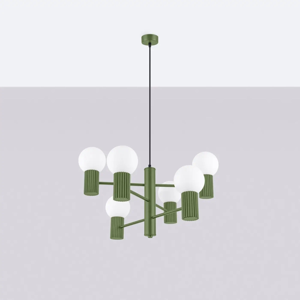 Suspension 6 globes en verre opalin, cols cannelés, 10 coloris, vert olive