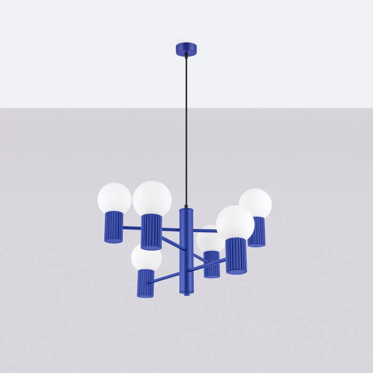Suspension 6 globes en verre opalin, cols cannelés, 10 coloris, outremer