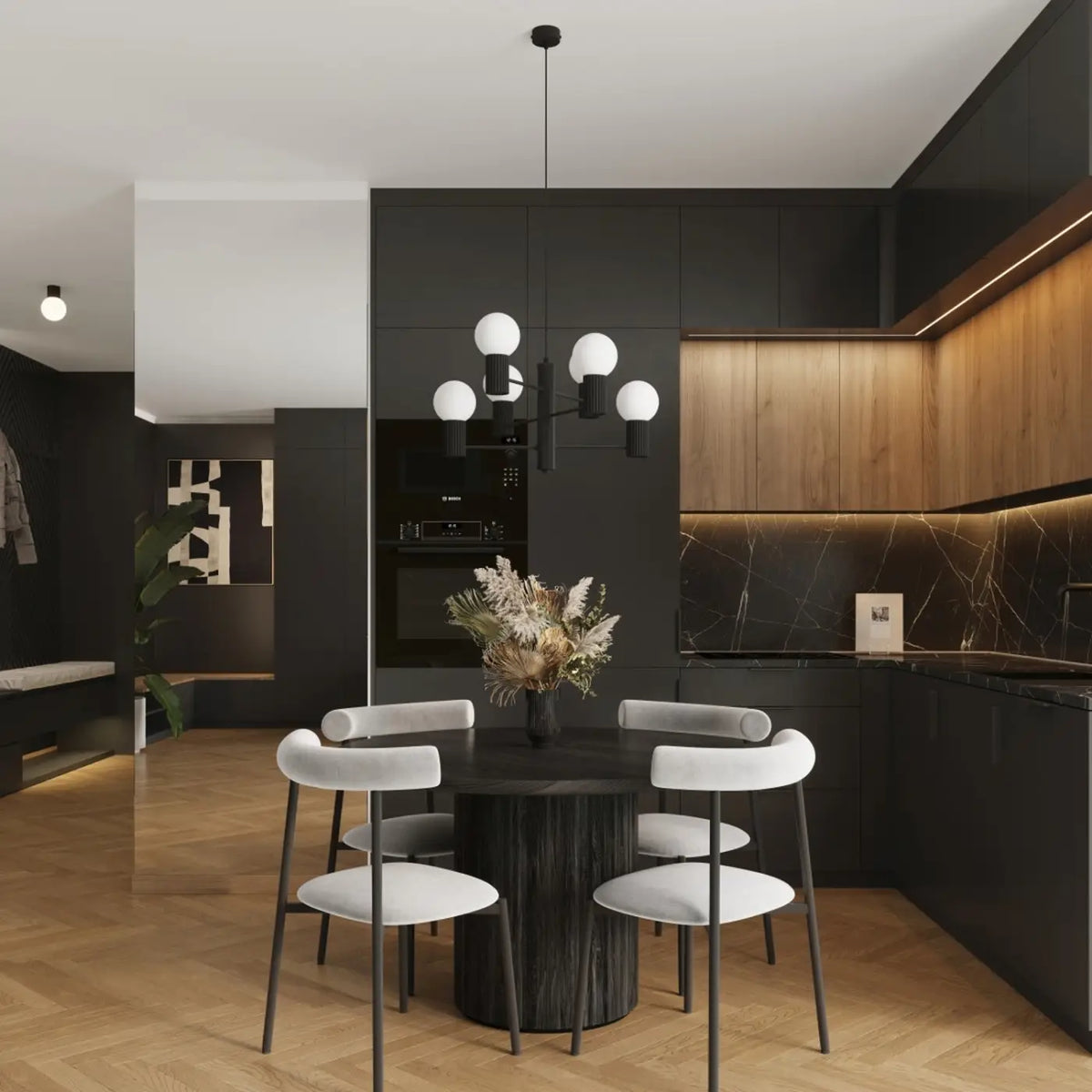 Suspension 6 globes en verre opalin, cols cannelés, 10 coloris