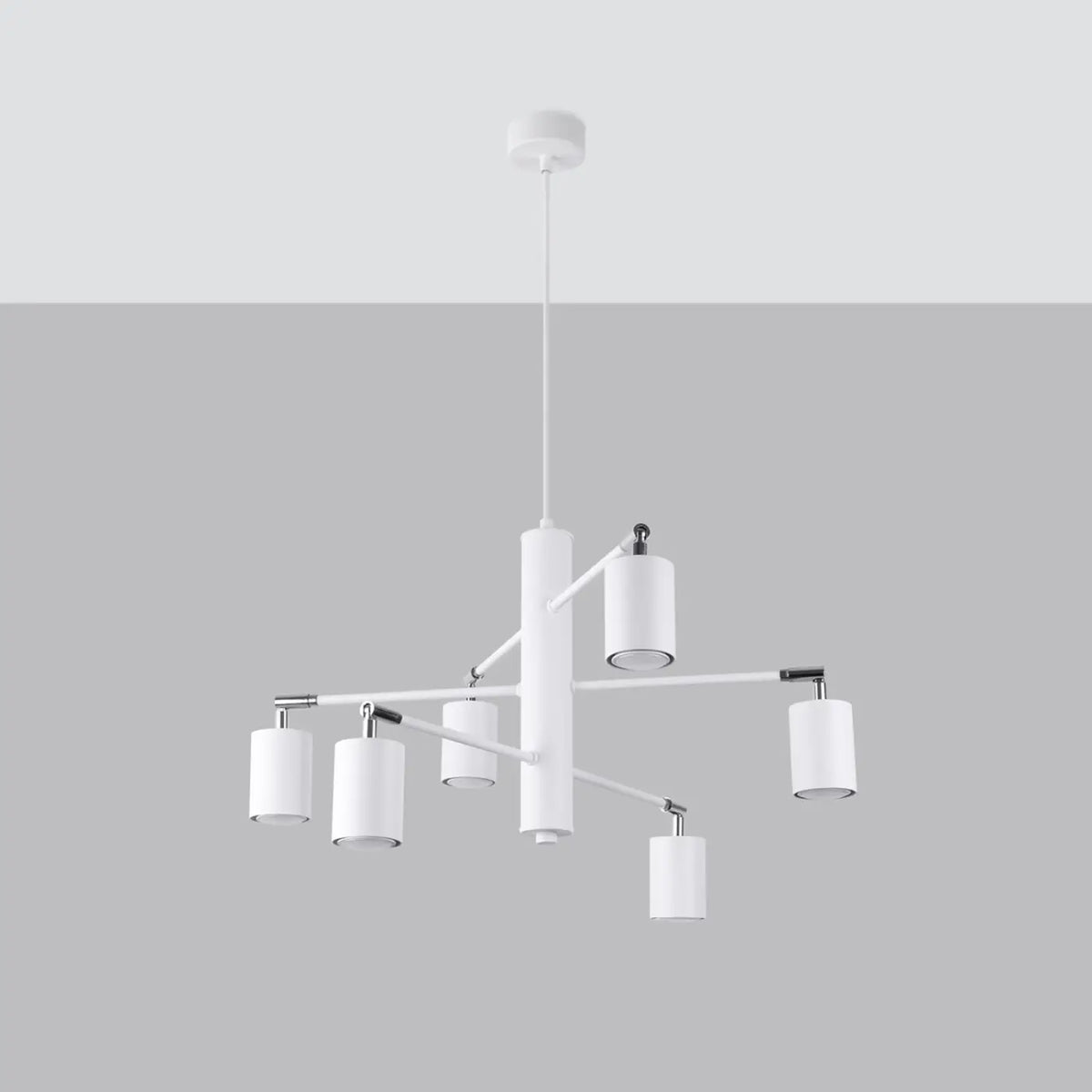 Suspension à 6 spots cylindriques sur bras croisés en acier, 77 cm, blanc