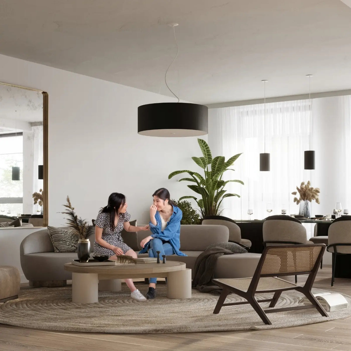 Suspension tambour en tissu noir, diffuseur en verre, 50 cm
