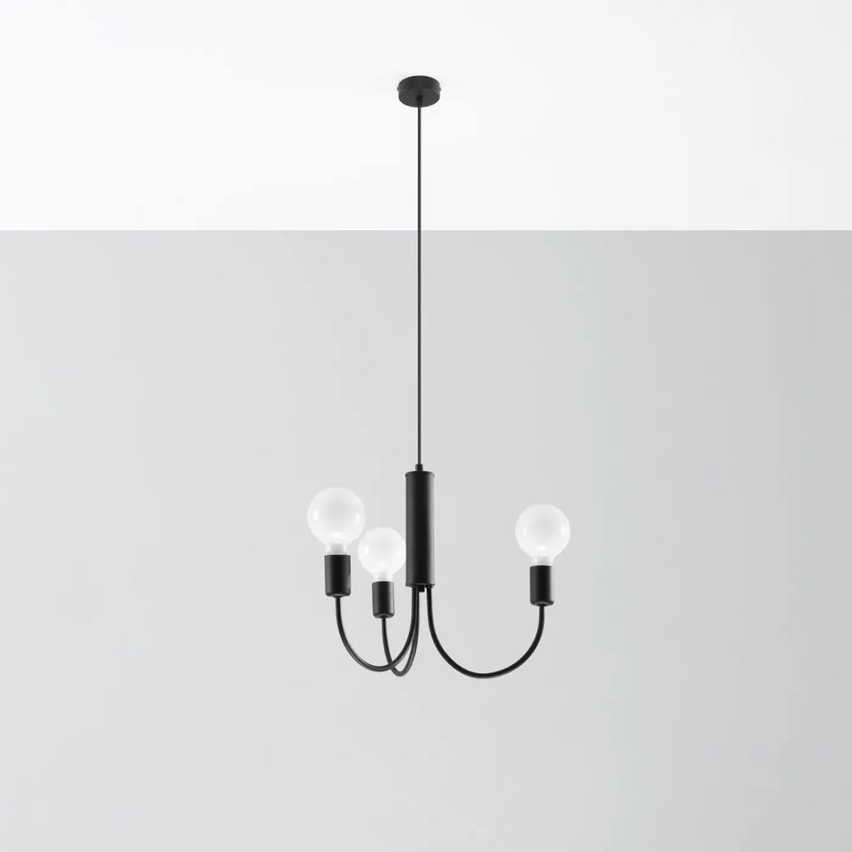 Petit lustre noir à trois bras courbés, ampoules E27 apparentes