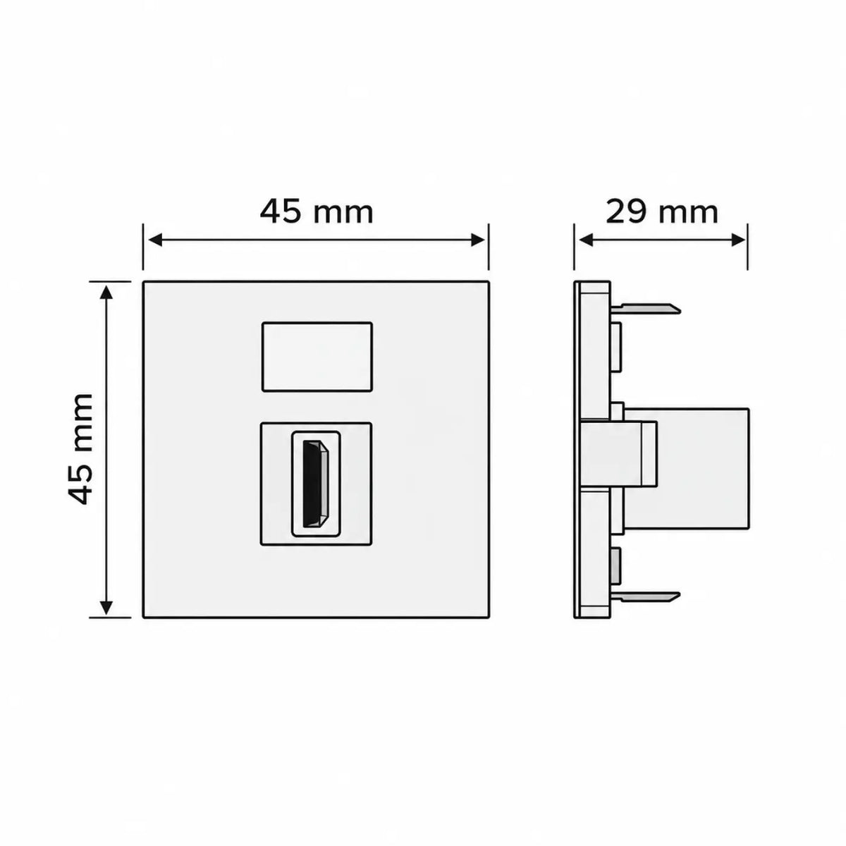 Prise HDMI murale encastrée, module carré de 45 mm noir ou blanc