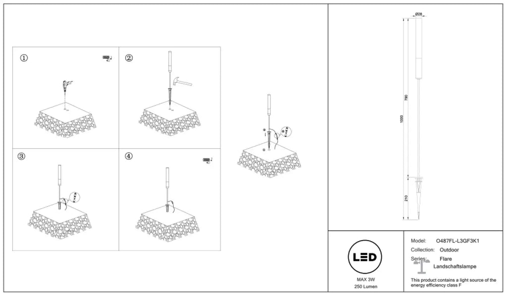 Piquet lumineux LED à tige fine en aluminium noir, 80 ou 100 cm