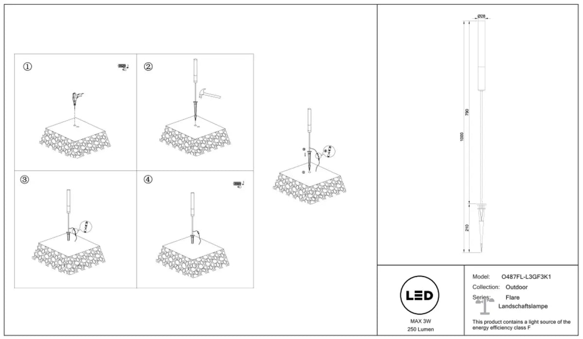 Piquet lumineux LED à tige fine en aluminium noir, 80 ou 100 cm