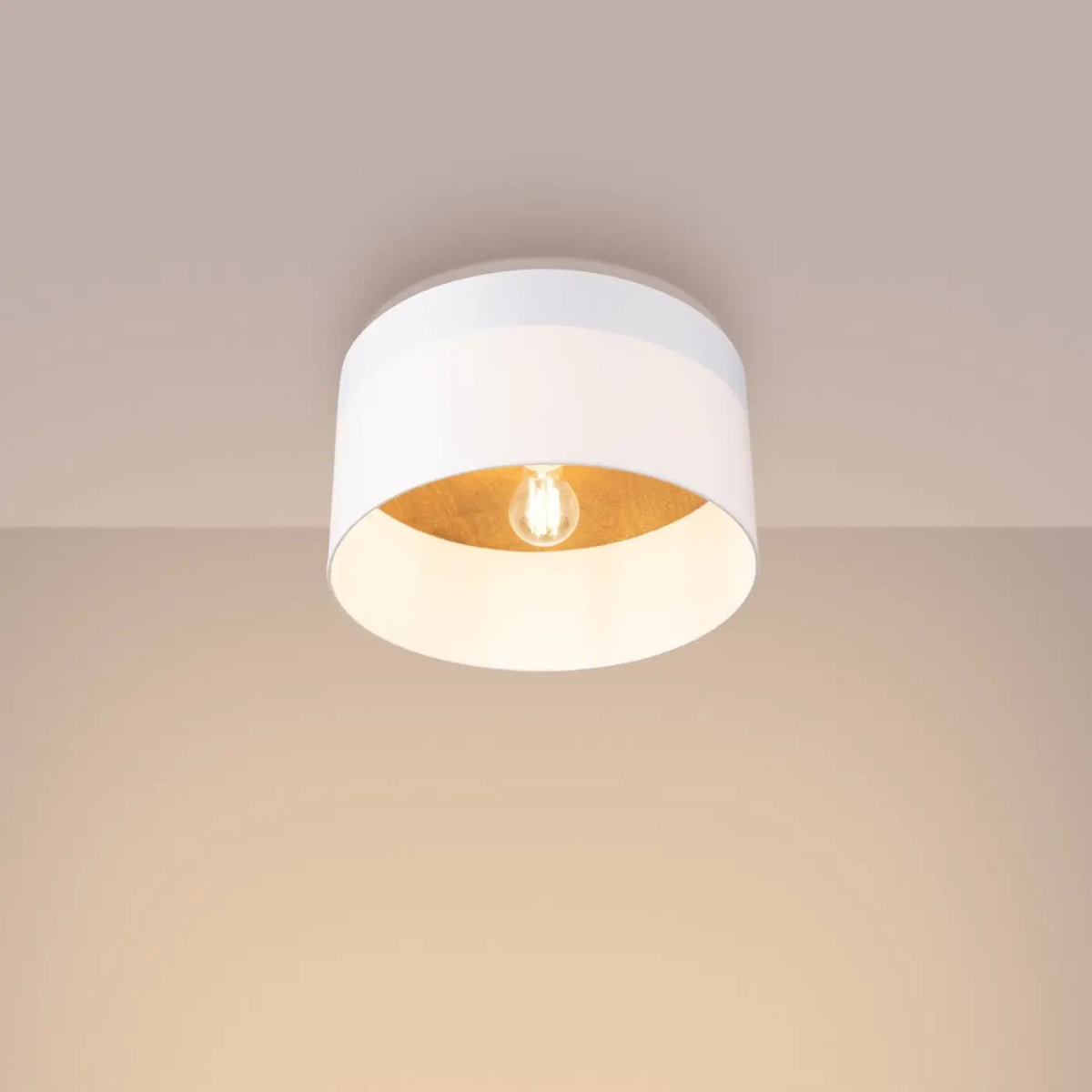 Plafonnier rond abat-jour blanc, intérieur couleur bois, 35 cm