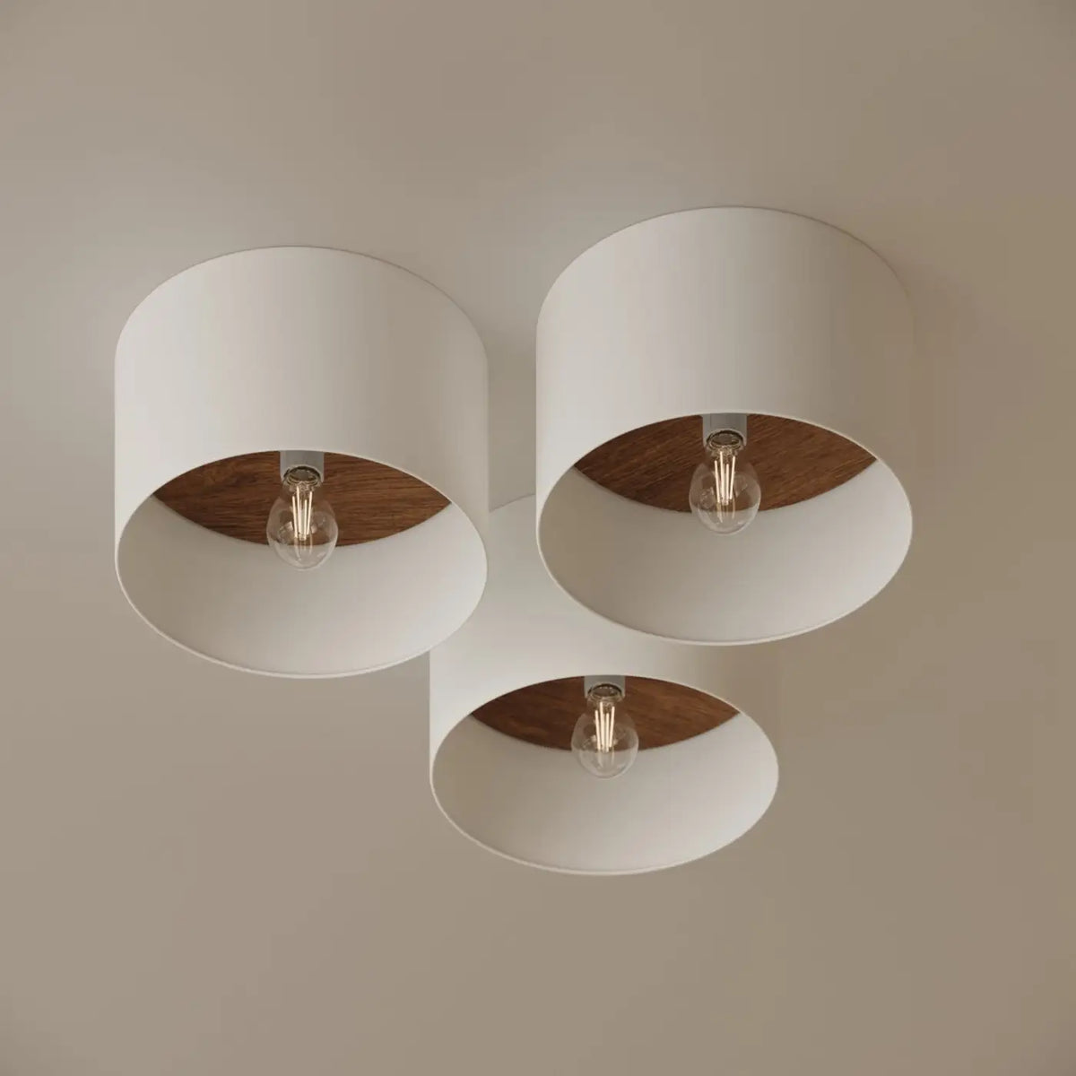 Plafonnier rond abat-jour blanc, intérieur couleur bois, 35 cm