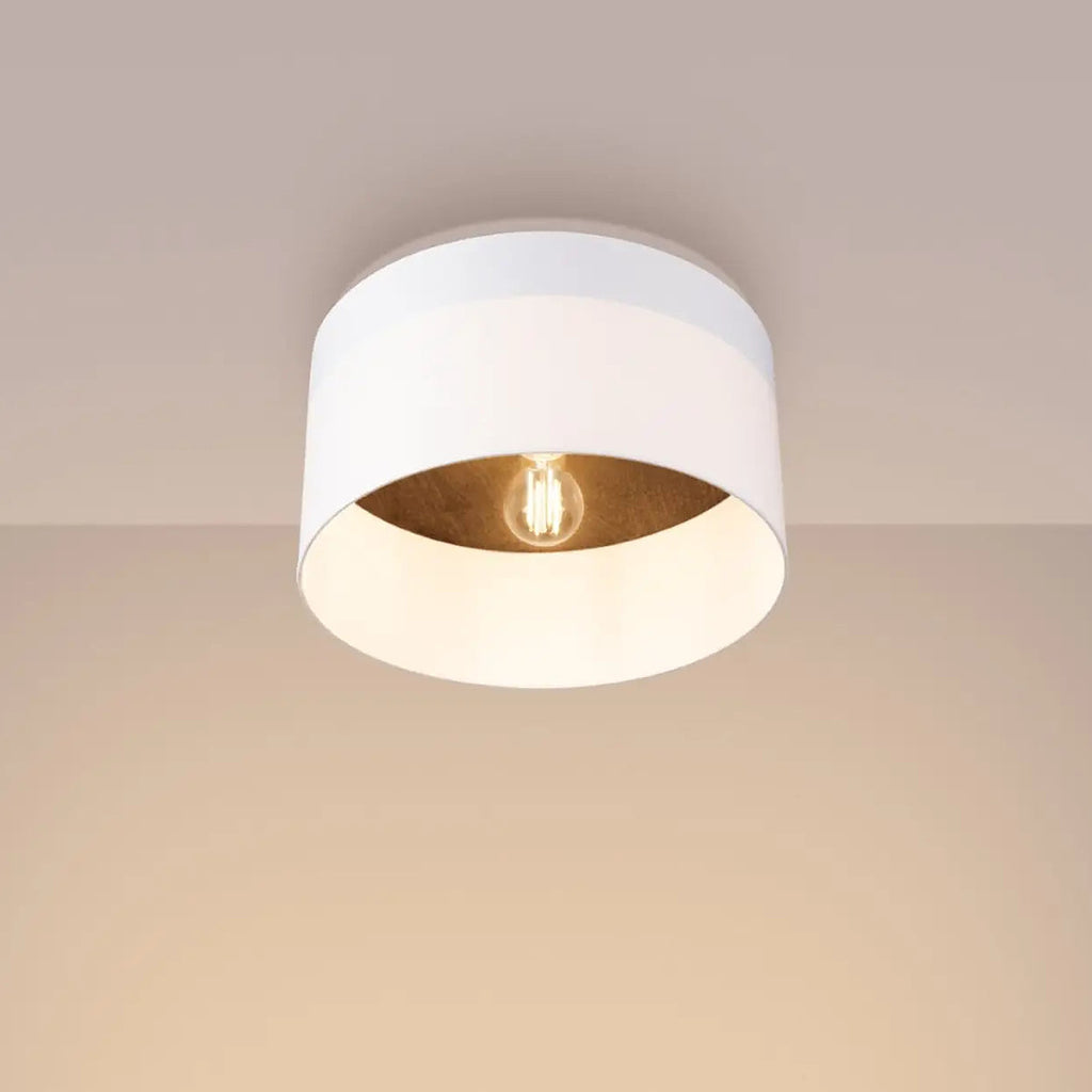 Plafonnier rond abat-jour blanc, intérieur couleur bois, 35 cm
