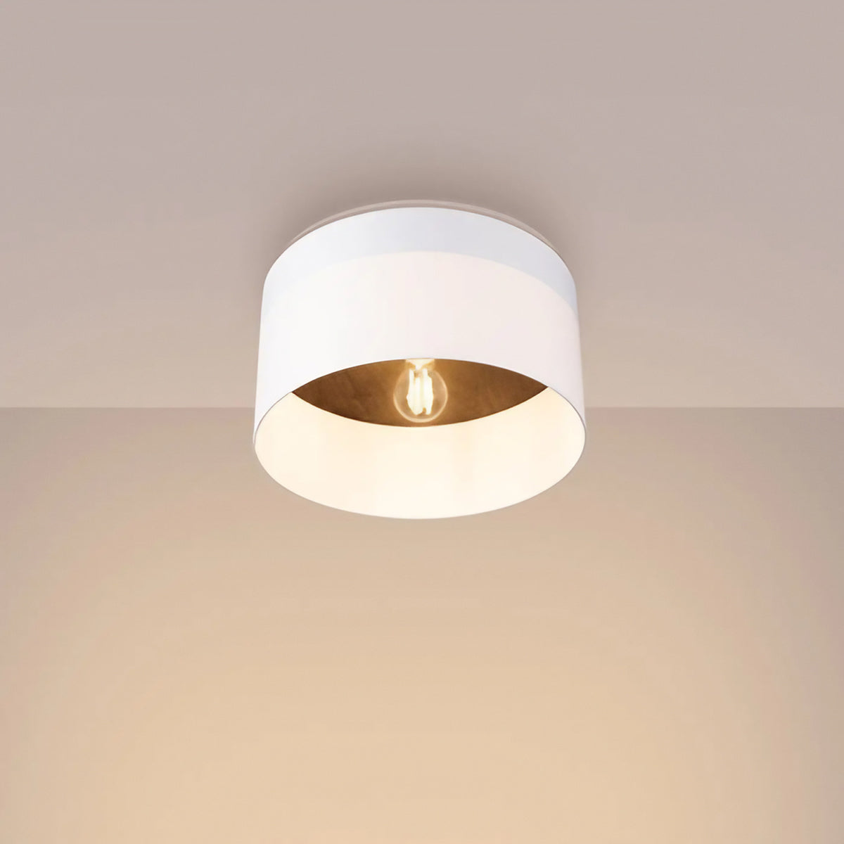 Plafonnier rond abat-jour blanc, intérieur couleur bois, 35 cm
