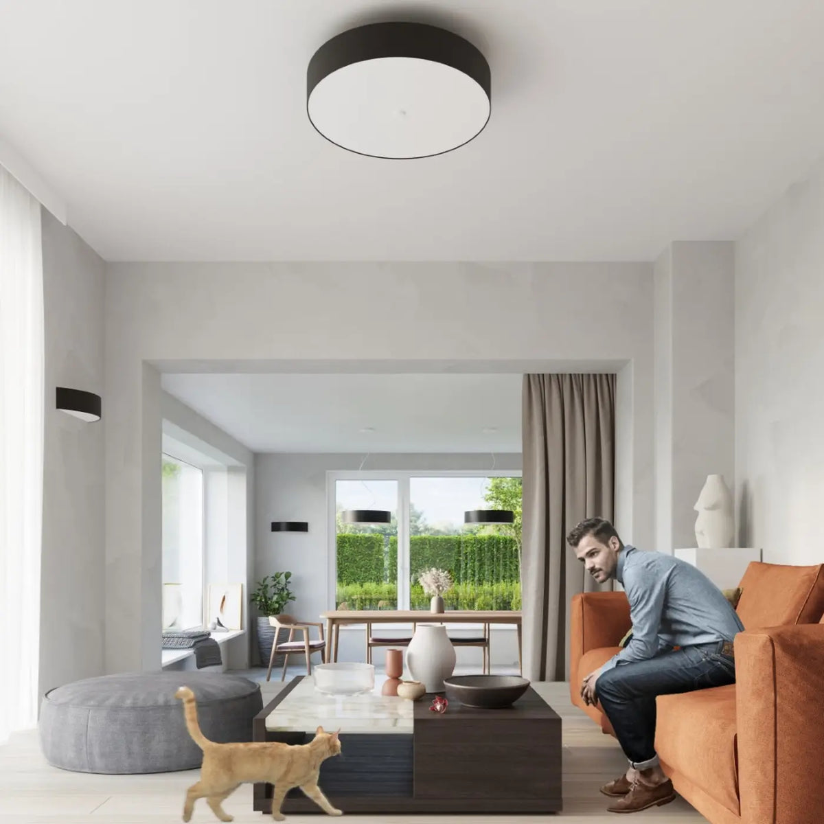 Plafonnier rond en tissu avec diffuseur en verre, de 30 à 80 cm