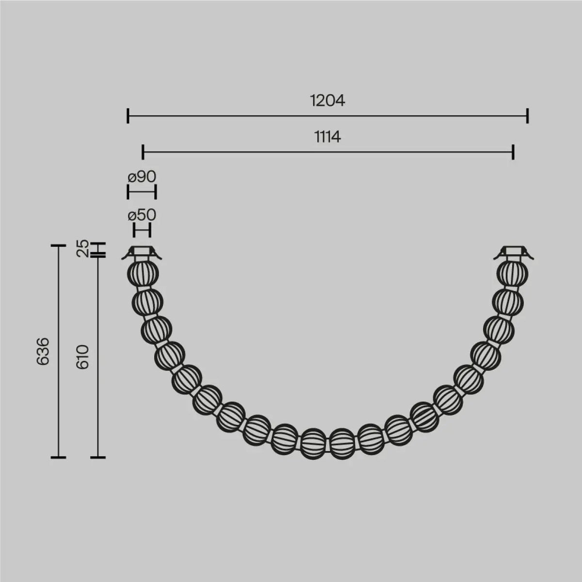 Plafonnier LED arc de perles en verre strié, structure dorée