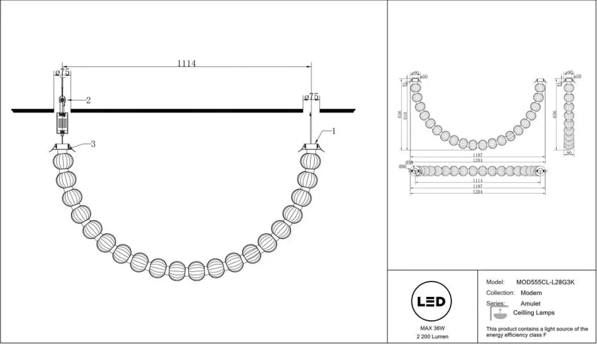 Plafonnier LED arc de perles en verre strié, structure dorée