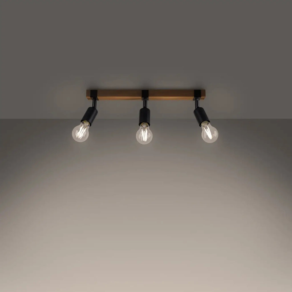 Plafonnier barre en bois et douilles noires, ampoules apparentes