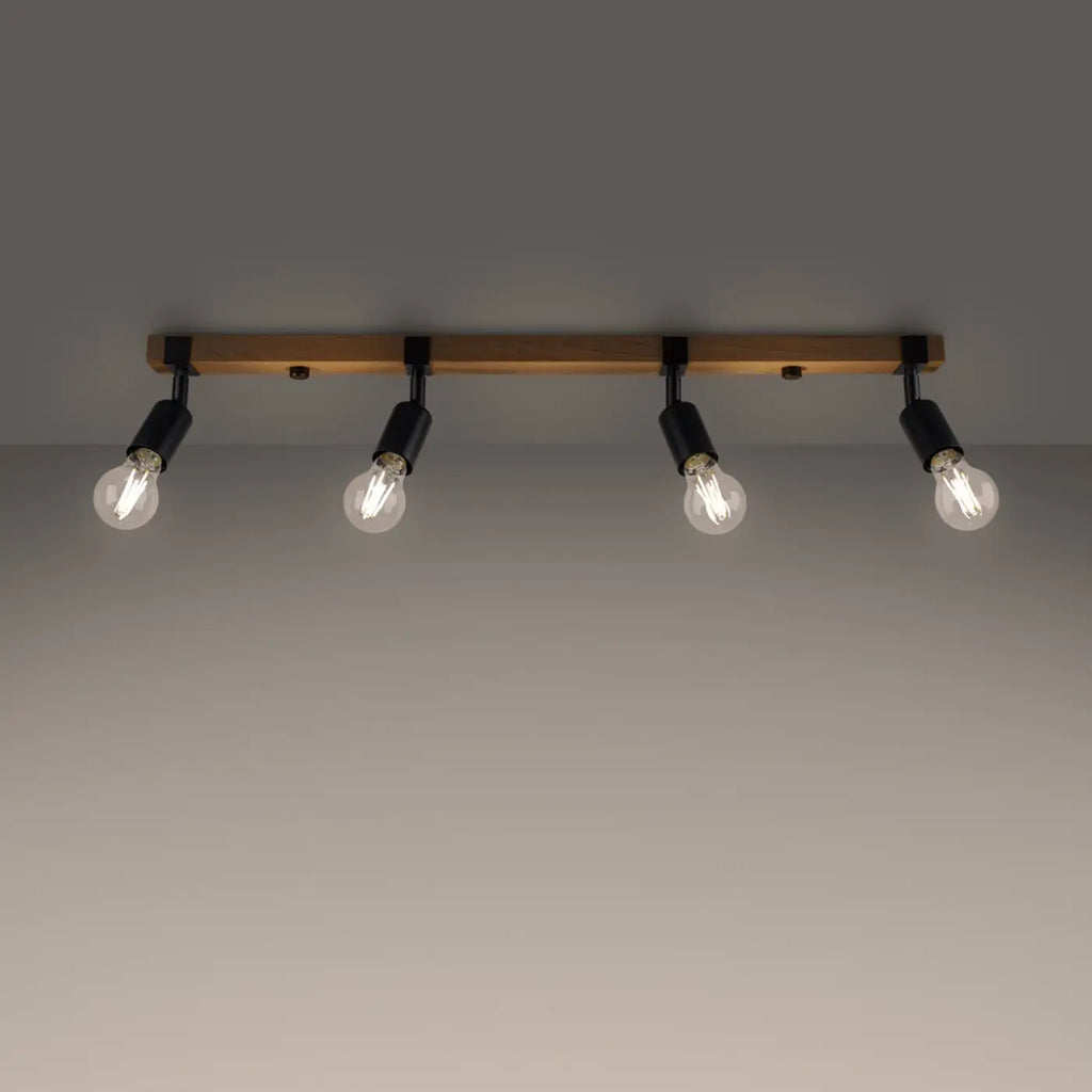 Plafonnier barre en bois et douilles noires, ampoules apparentes