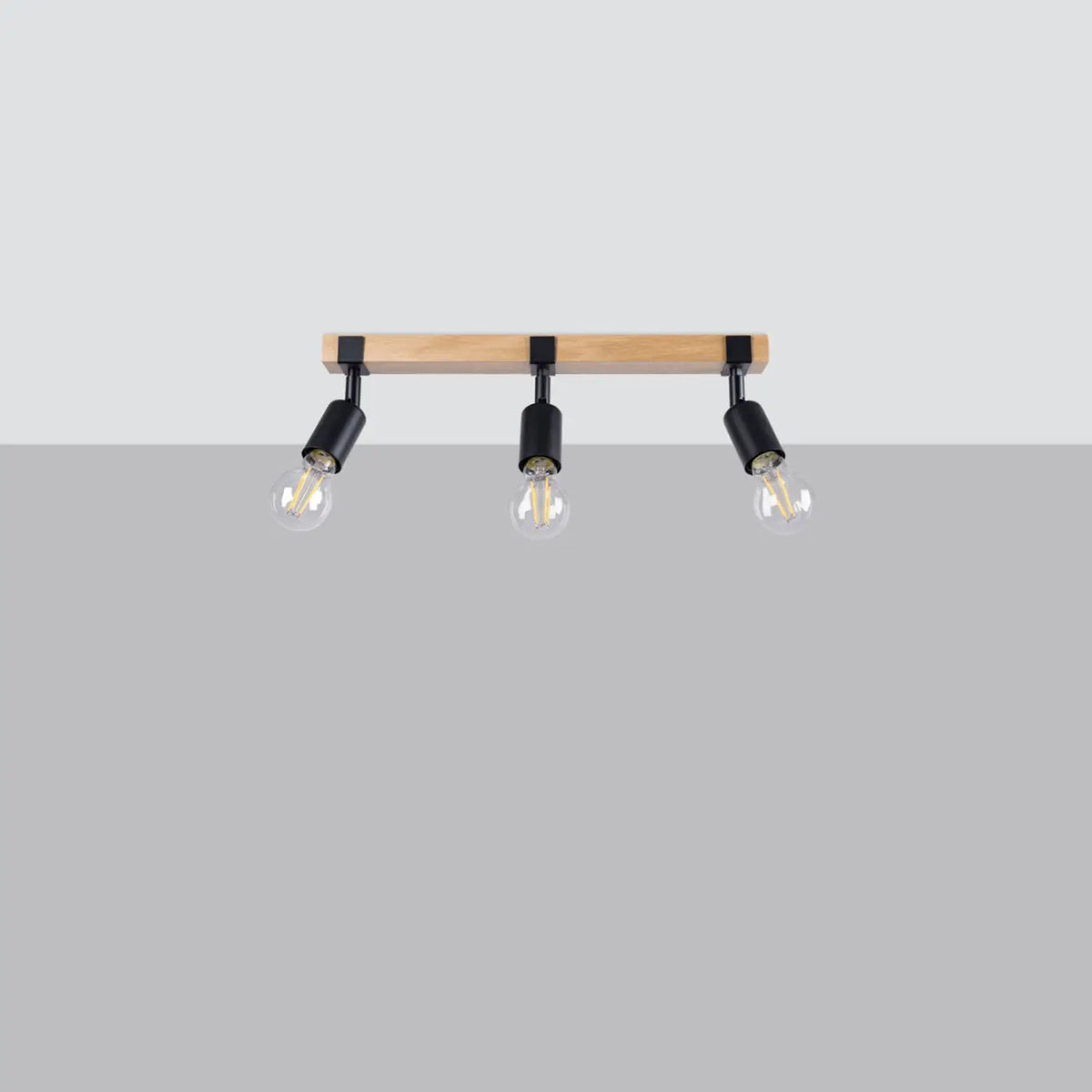 Plafonnier barre en bois et douilles noires, ampoules apparentes