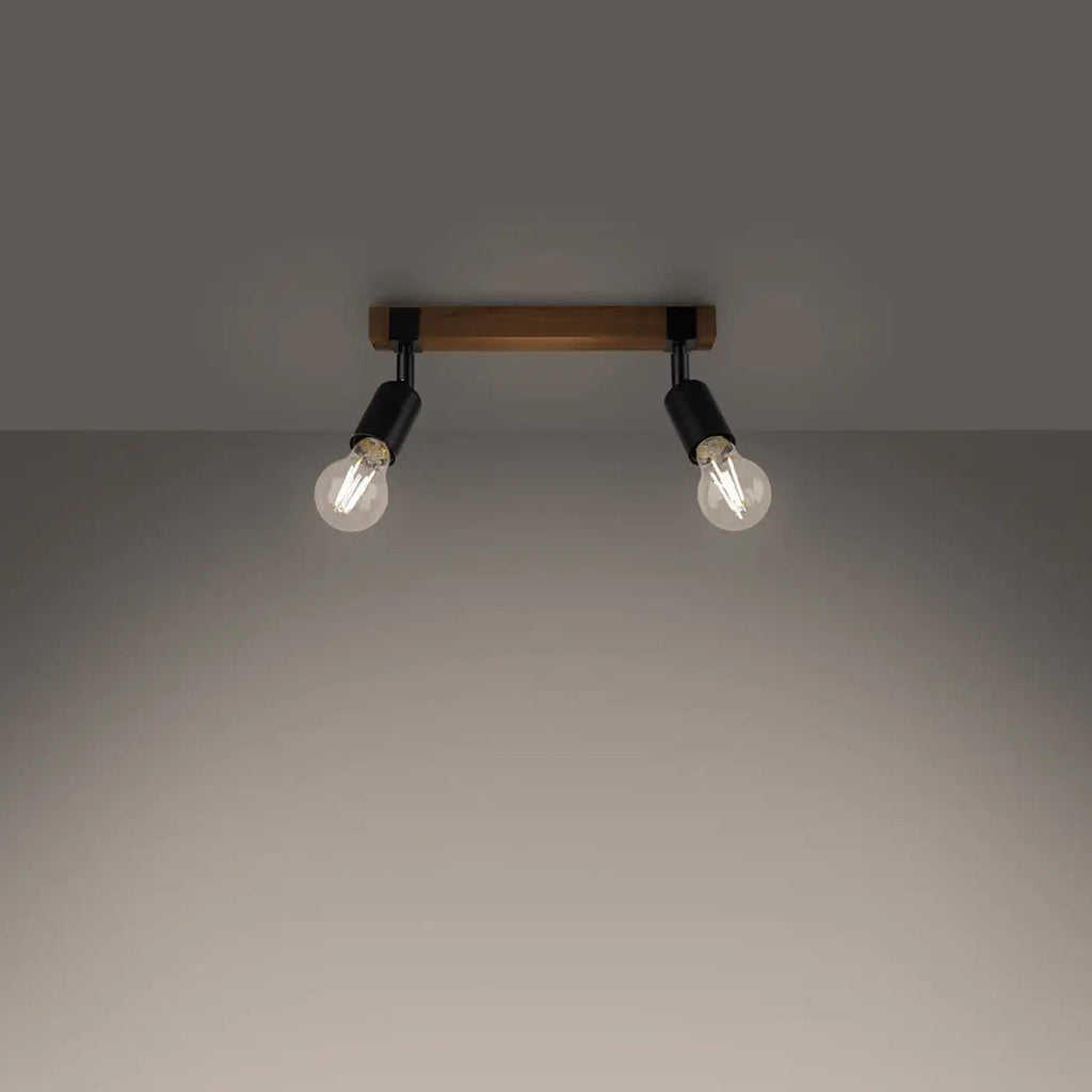 Plafonnier barre en bois et douilles noires, ampoules apparentes