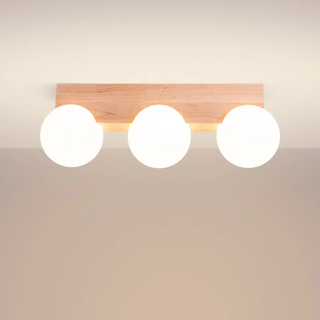 Plafonnier barre en bois et globes en verre opale, 2 à 4 sources