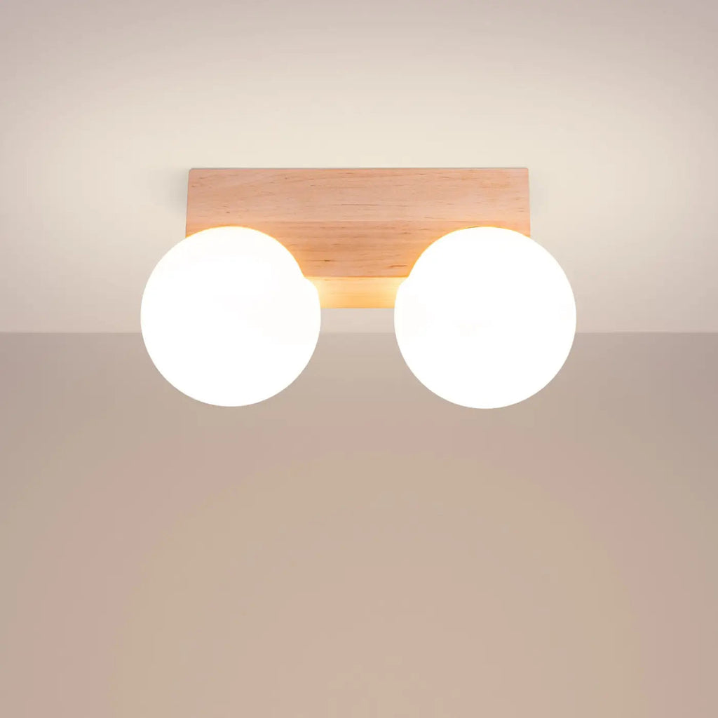Plafonnier barre en bois et globes en verre opale, 2 à 4 sources