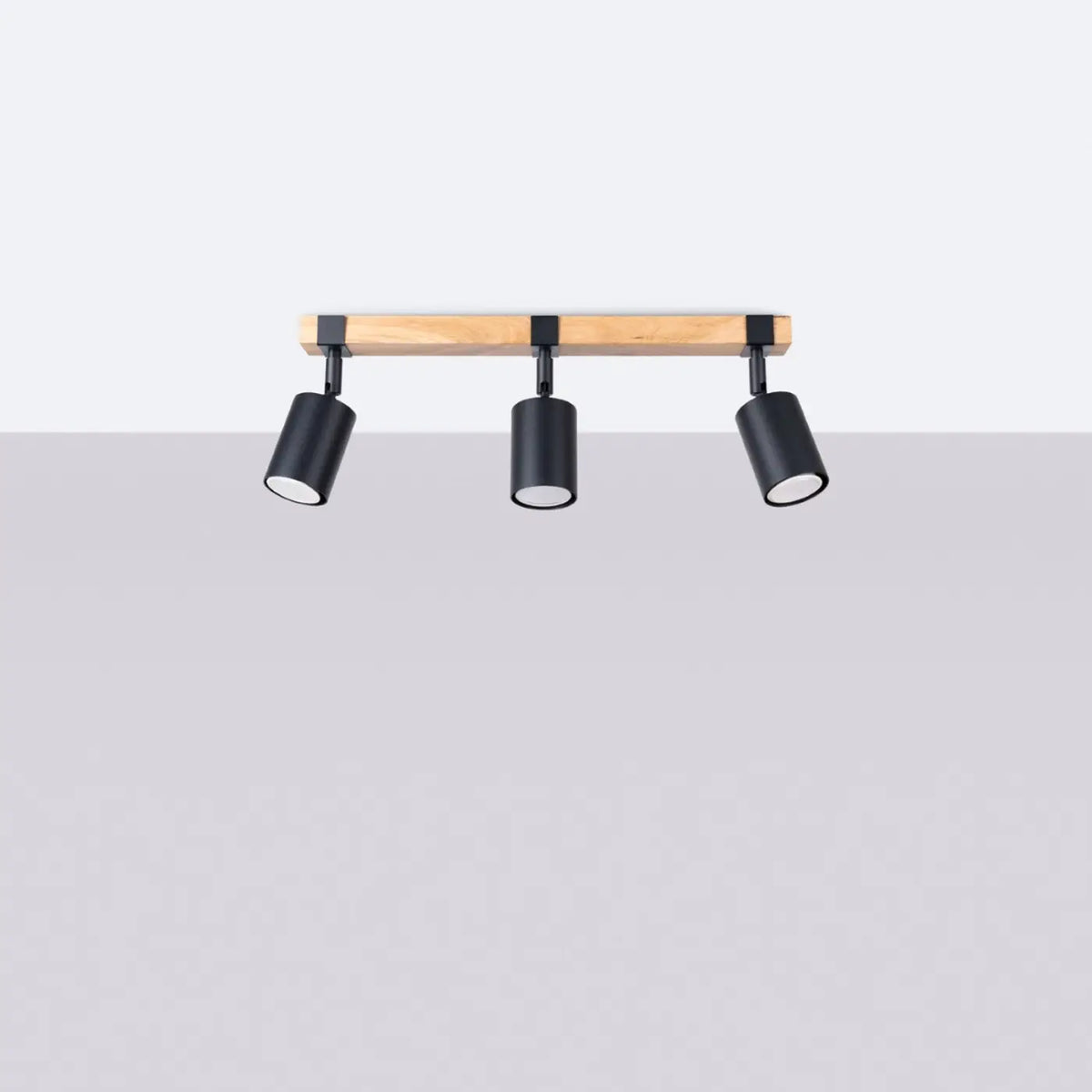 Plafonnier barre en bois et spots noirs orientables, GU10