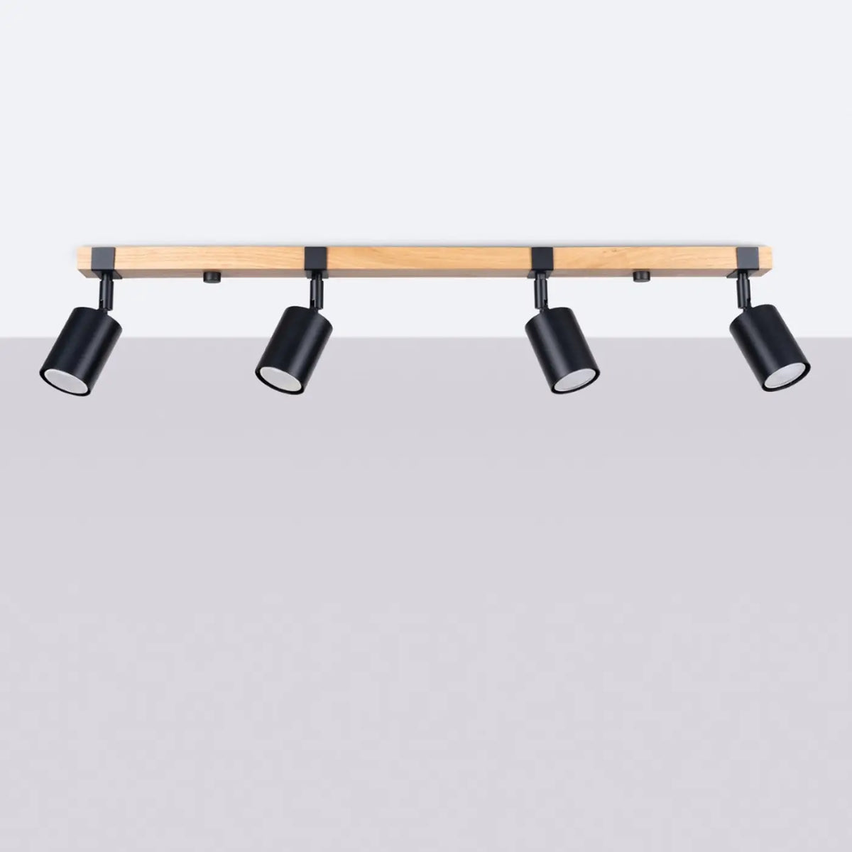 Plafonnier barre en bois et spots noirs orientables, GU10
