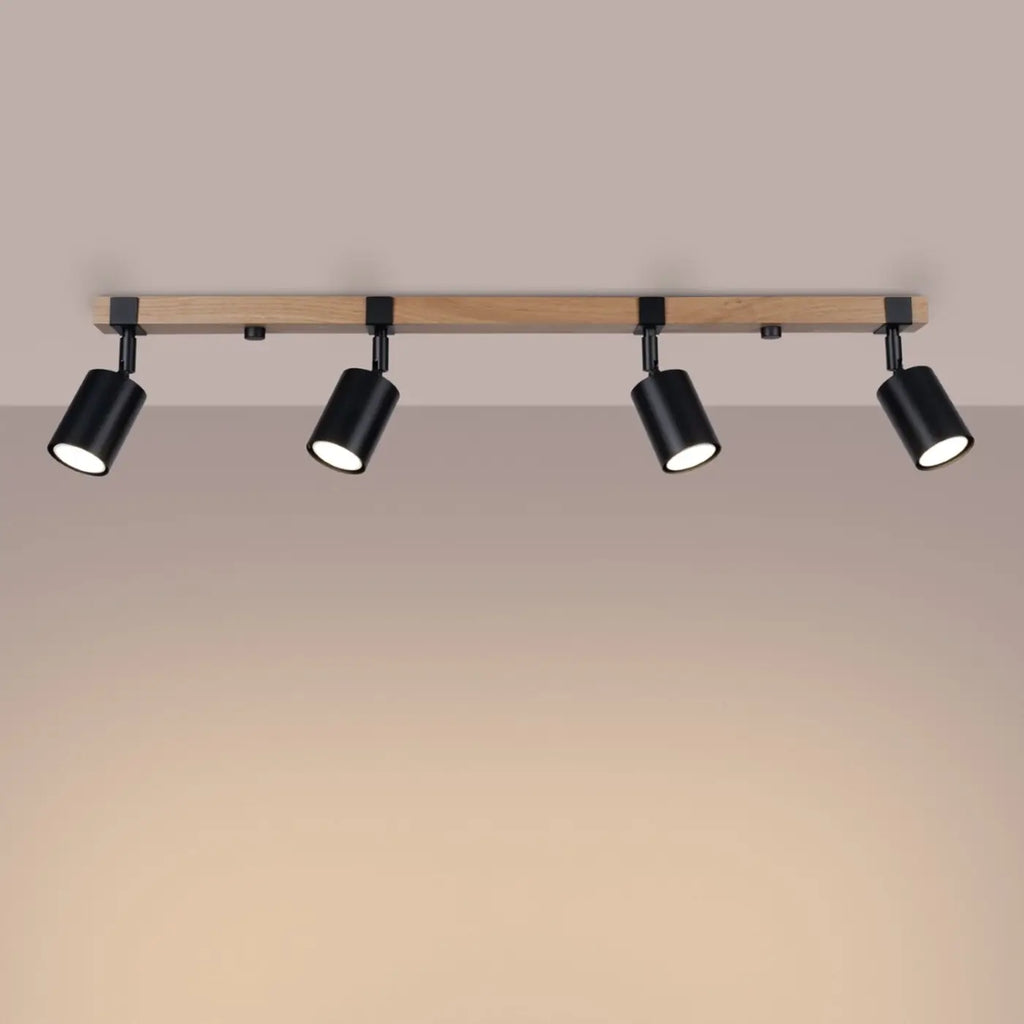 Plafonnier barre en bois et spots noirs orientables, GU10