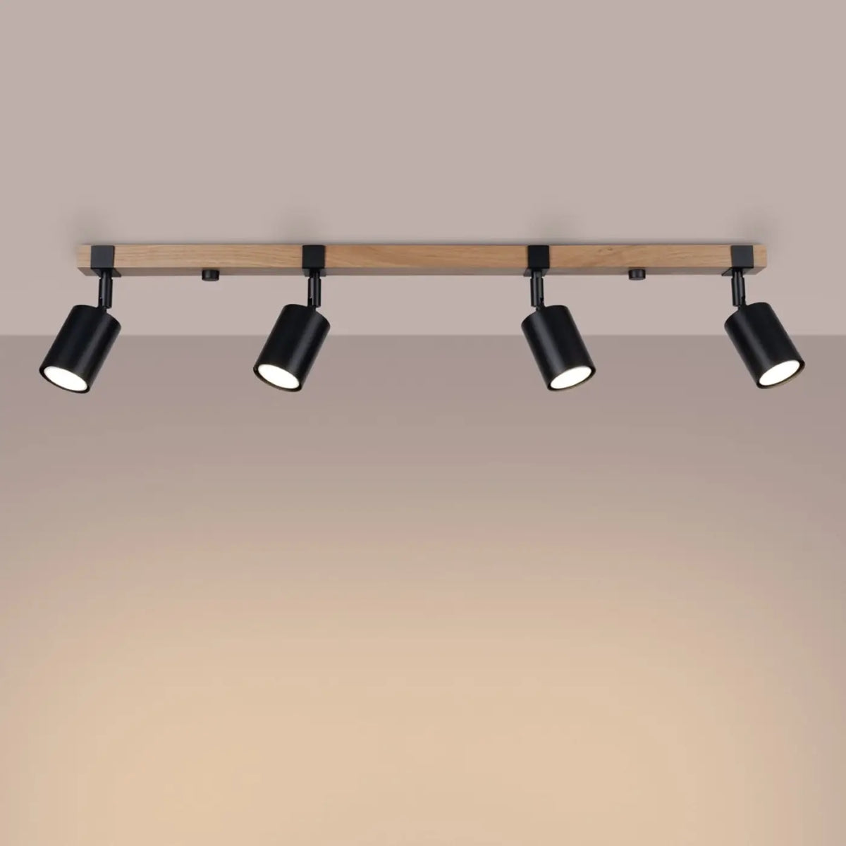 Plafonnier barre en bois et spots noirs orientables, GU10
