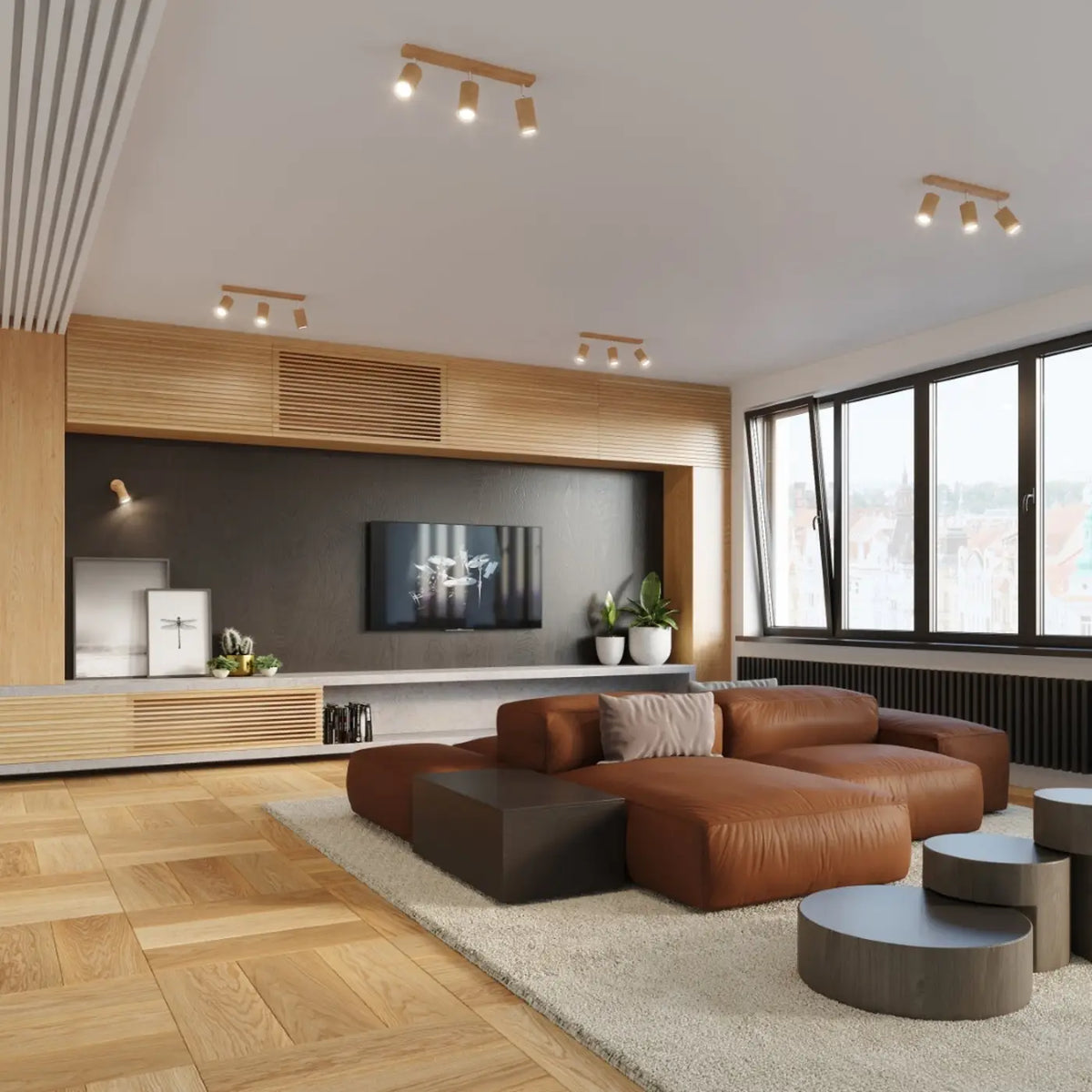 Plafonnier en bois naturel à spots orientables, de 2 à 6 spots