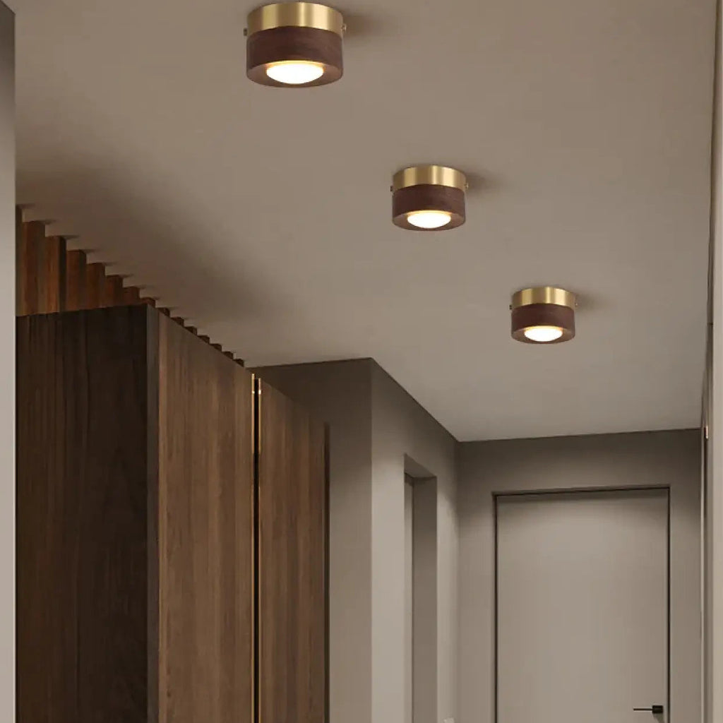 Plafonnier minimaliste bois et laiton, deux modèles, beige ou marron