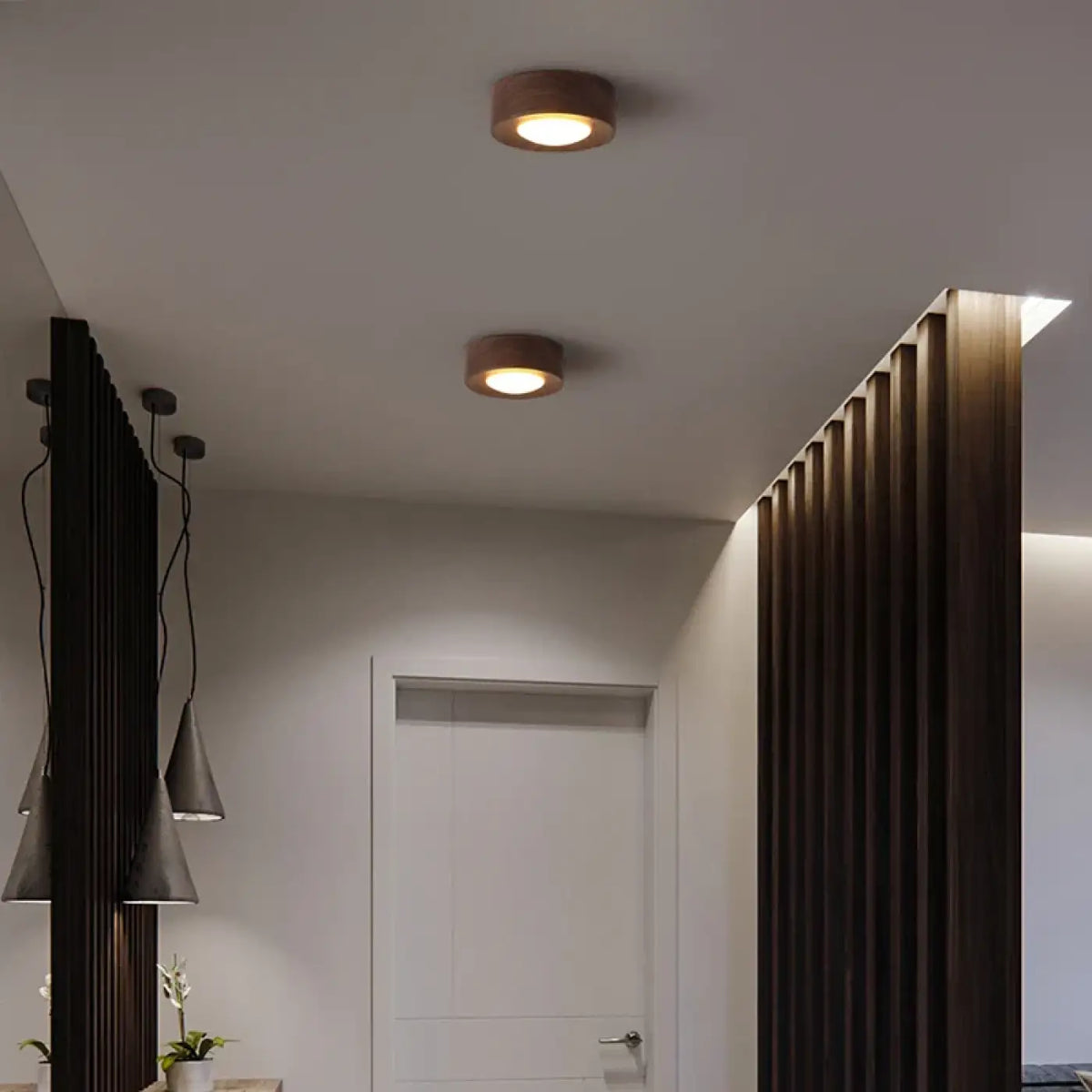 Plafonnier minimaliste bois et laiton, deux modèles, beige ou marron