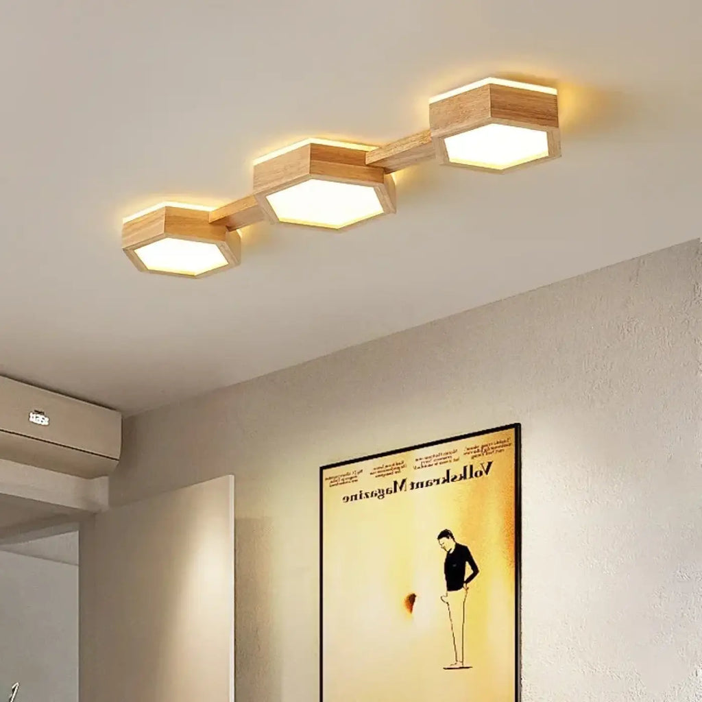 Plafonnier LED en bois naturel à forme géométrique, S, M, L