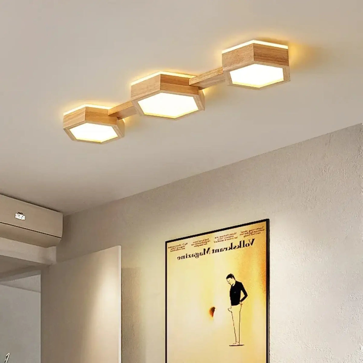 Plafonnier LED en bois naturel à forme géométrique, S, M, L