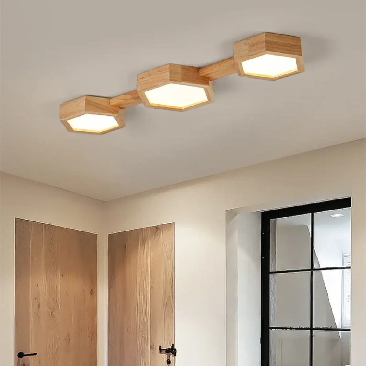 Plafonnier LED en bois naturel à forme géométrique, S, M, L