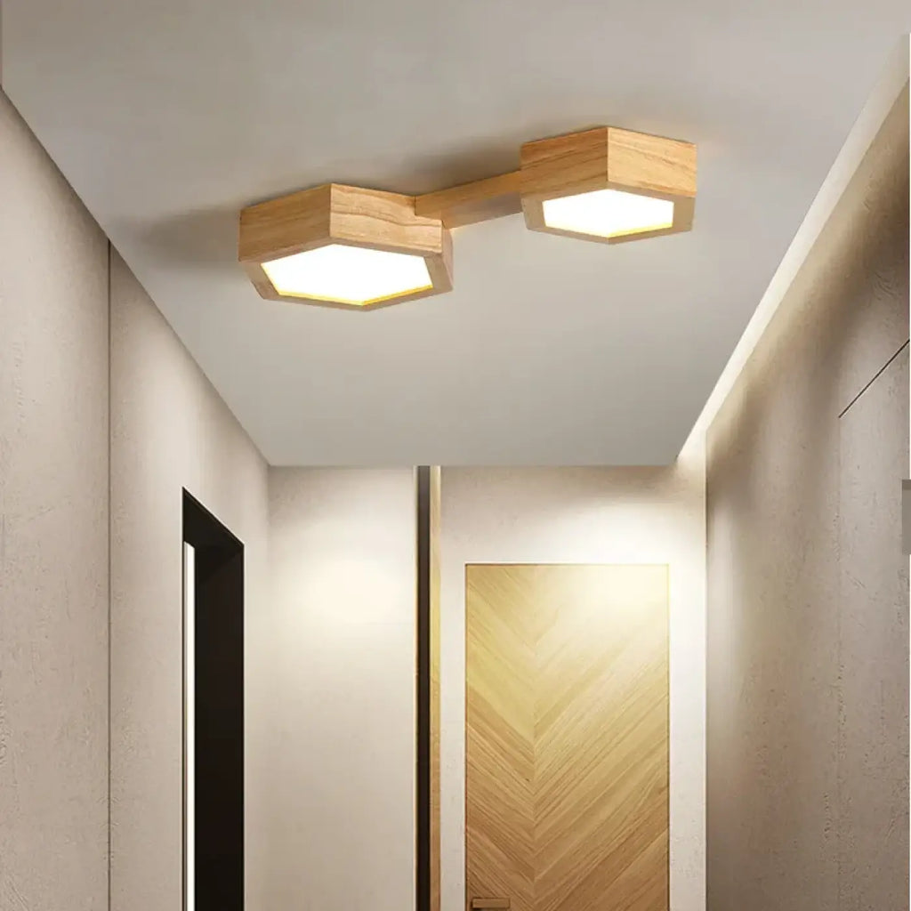 Plafonnier LED en bois naturel à forme géométrique, S, M, L