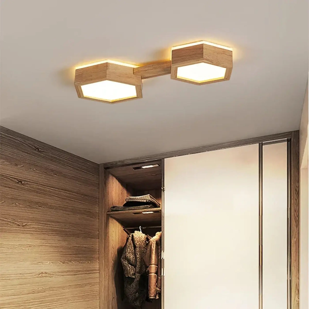 Plafonnier LED en bois naturel à forme géométrique, S, M, L