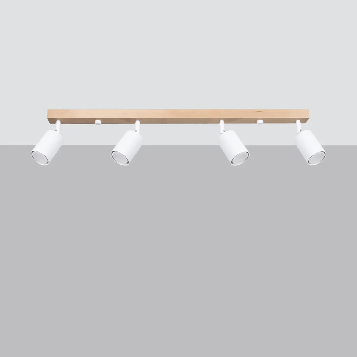 Plafonnier bois et spots cylindres en acier, barre ou disque, blanc/bois naturel