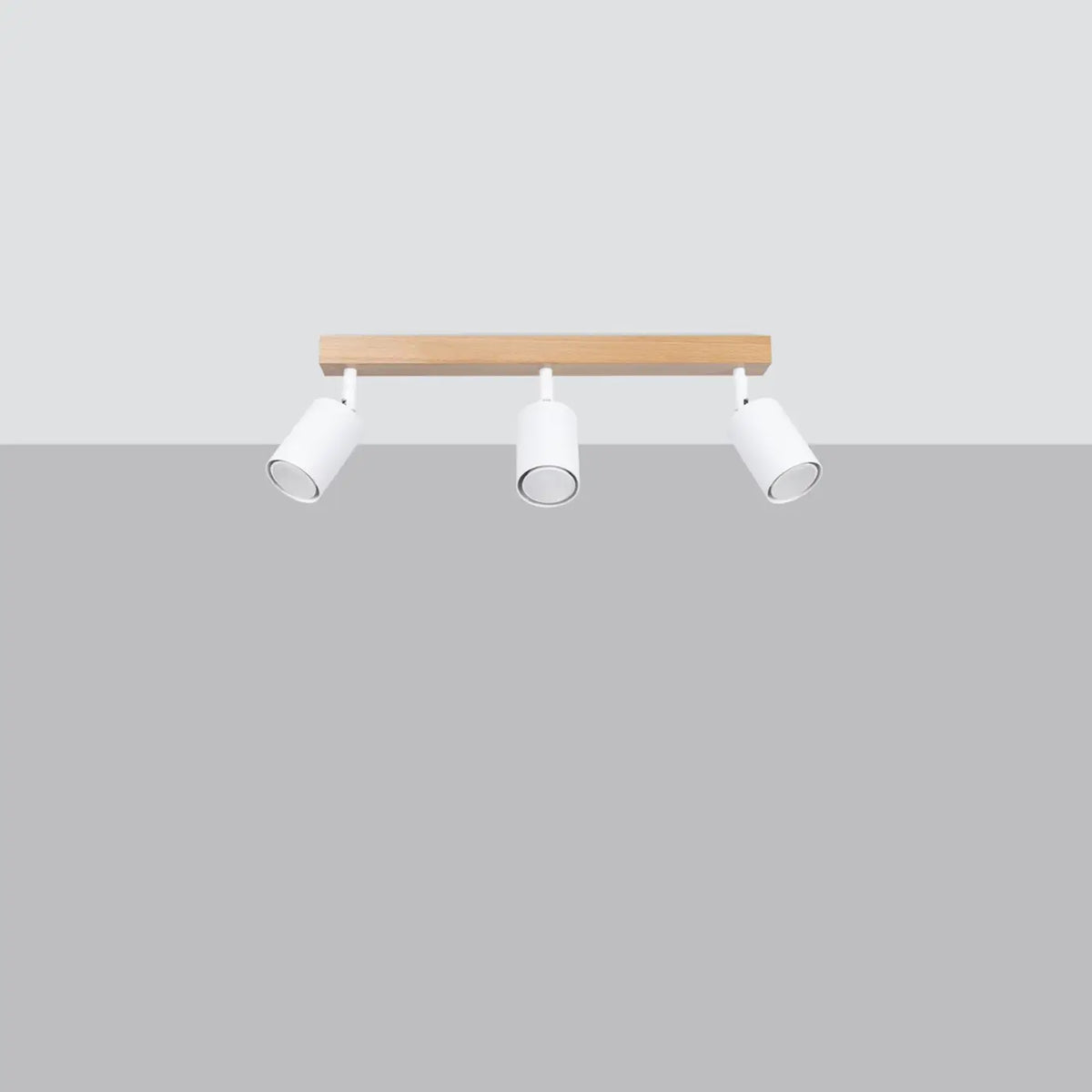 Plafonnier bois et spots cylindres en acier, barre ou disque, blanc/bois naturel