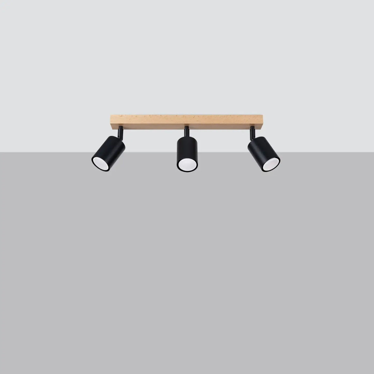 Plafonnier bois et spots cylindres en acier, barre ou disque, noir/bois naturel